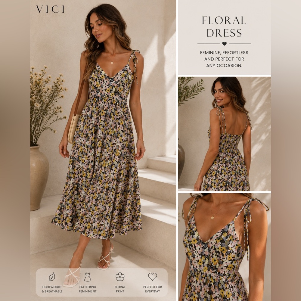 Vici Yellow and Pink Floral Midi Dress